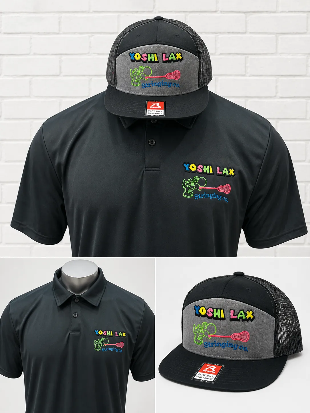 Embroidered Yoshi Lax Stringing Co. logo on a hat and polo